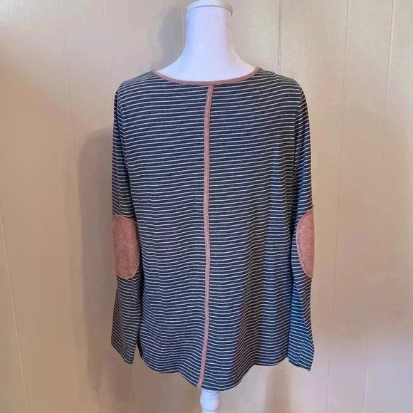 Umgee Gray & White Stripe Long Sleeve Top Brown Trim & Elbow Pads Size Medium. - Picture 5 of 12